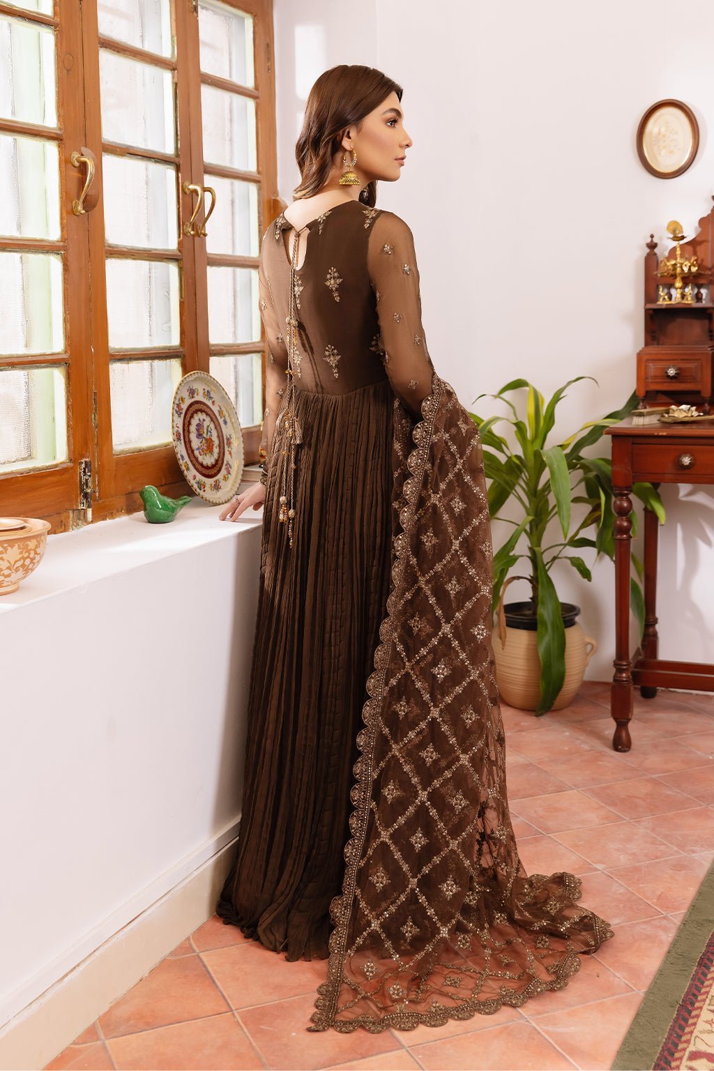 3 PIECE IZNIK EMBROIDERED CHIFFON SUIT (IP-182-RUSSET) gulbuy.com
