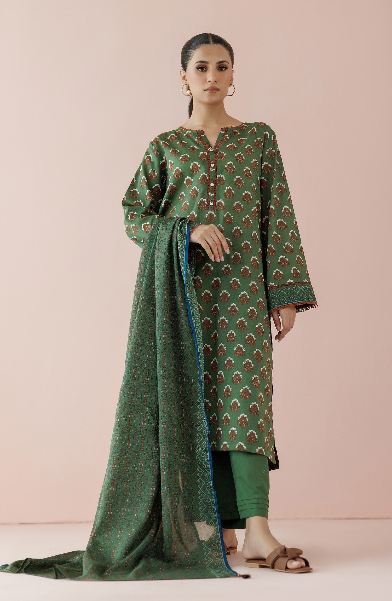Orient 3 Piece Printed Lawn Suit (OTL-24-205/U-GREEN)