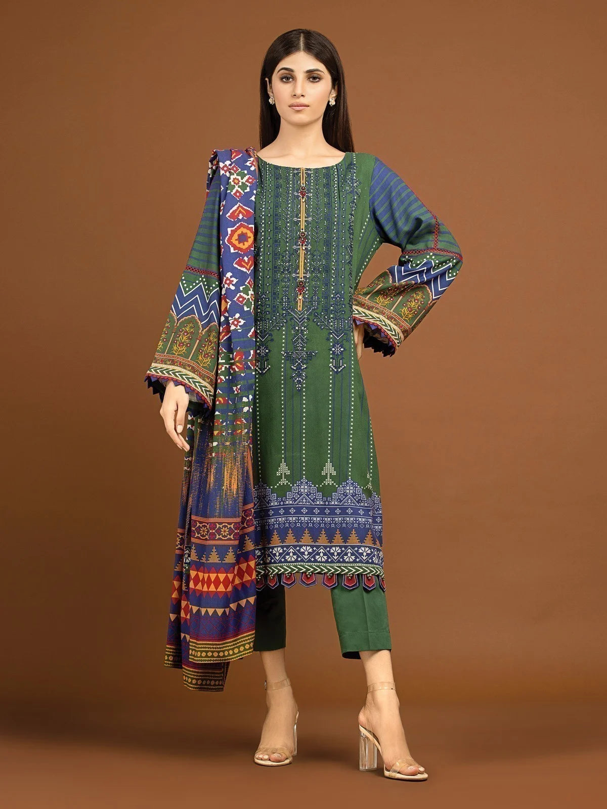 Edenrobe 3 Piece Embroidered Viscose Suit (EWU22V13-24049)