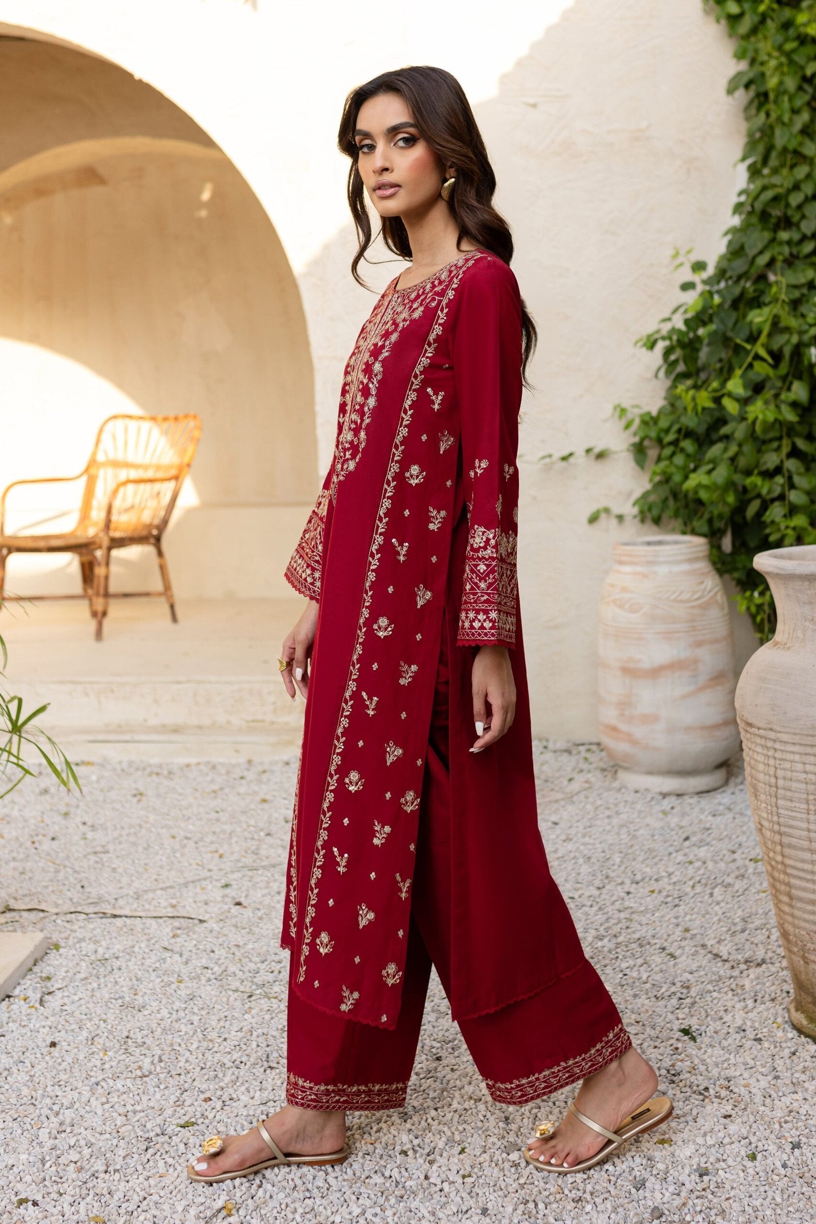 Batik 2Pc Embroidered Khaddar Dress Red Sea gulbuy.com