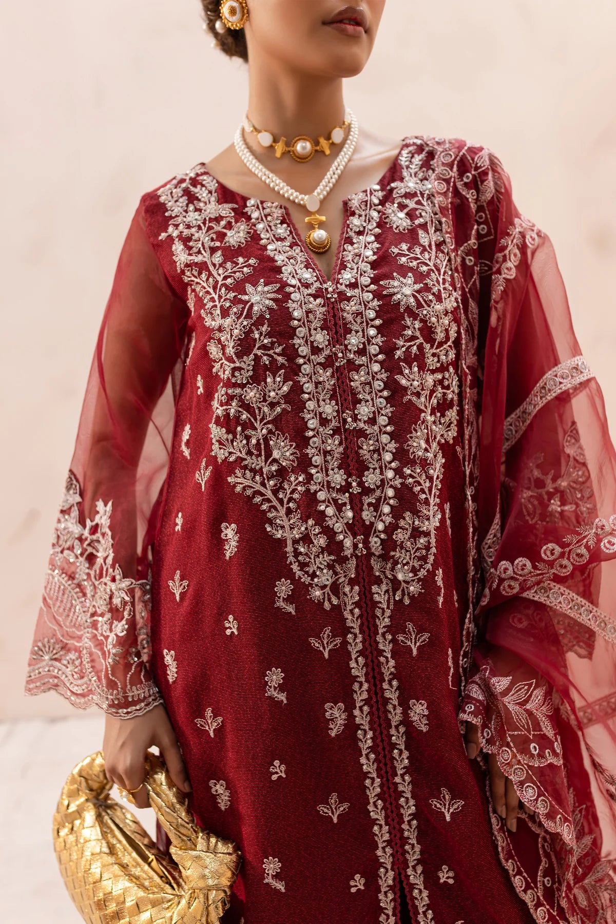 Batik 3Pc Embroidered Raw Silk Suit Ruby Rouge gulbuy.com