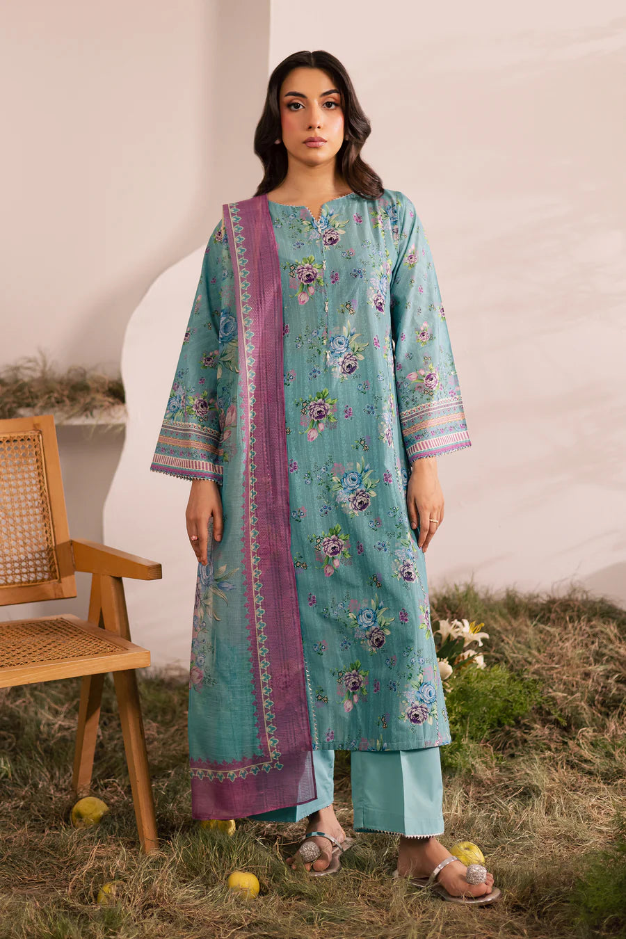 Batik 3Pc Printed Lawn Suit Blue Alcea XL gulbuy.com