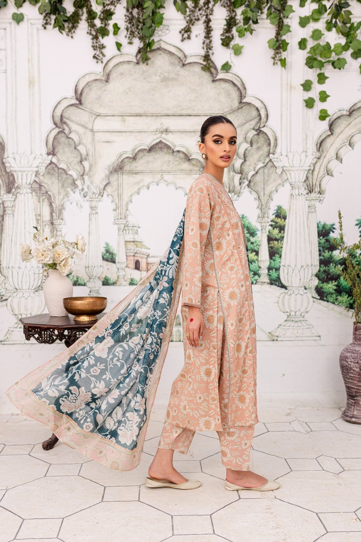 Batik 3Pc Printed Lawn Suit (Peach-Pearl-3Pc)