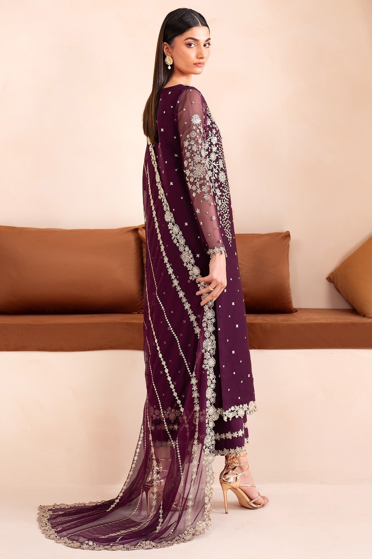 Farasha 3Pc Embroidered Chiffon Suit Mulberry gulbuy.com