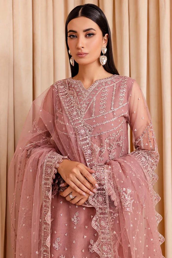 Farasha 3Pc Embroidered Net Suit Pastel Peach gulbuy.com