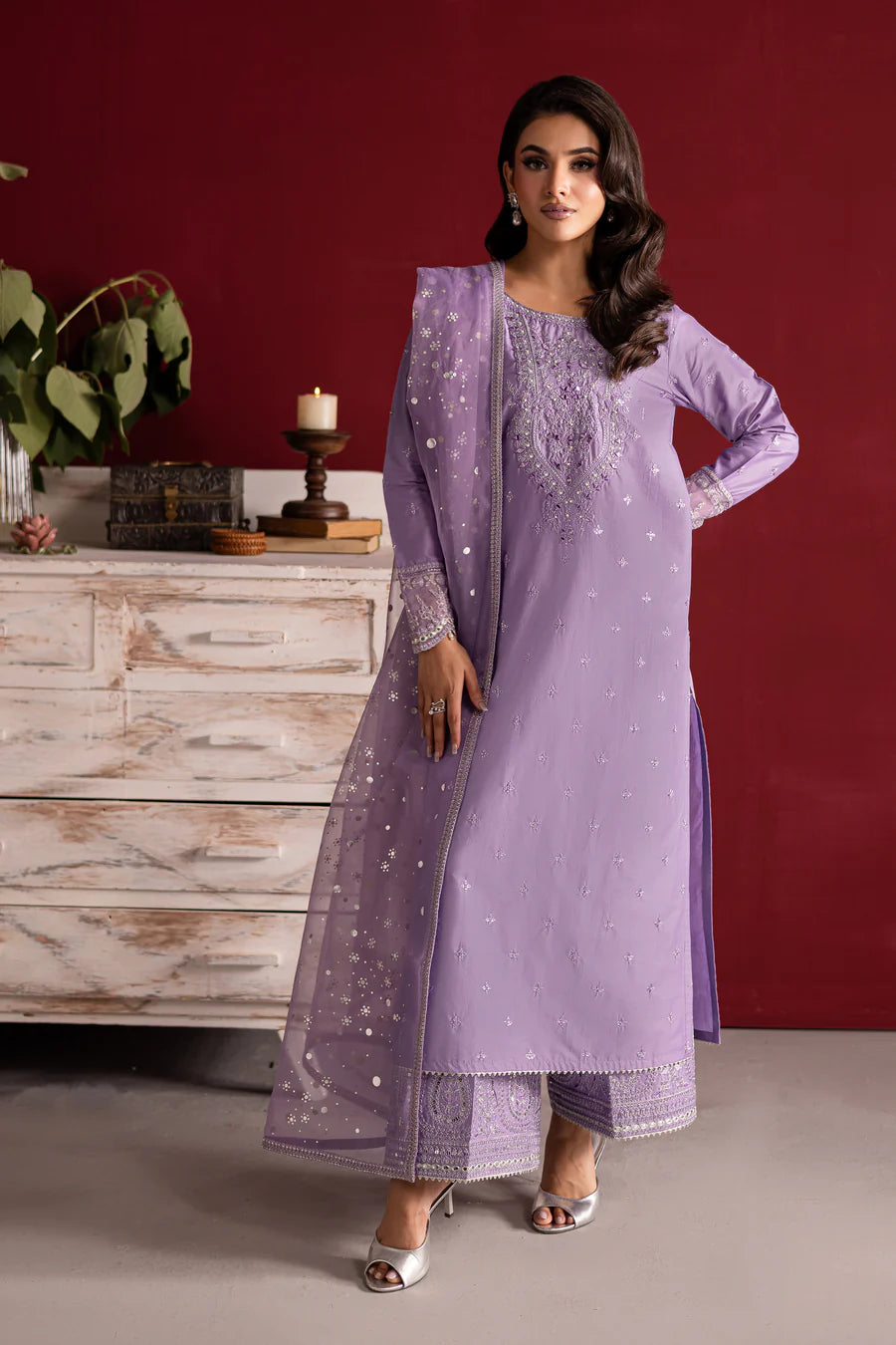 Batik 3Pc Embroidered Cotton Suit Voilet XL gulbuy.com