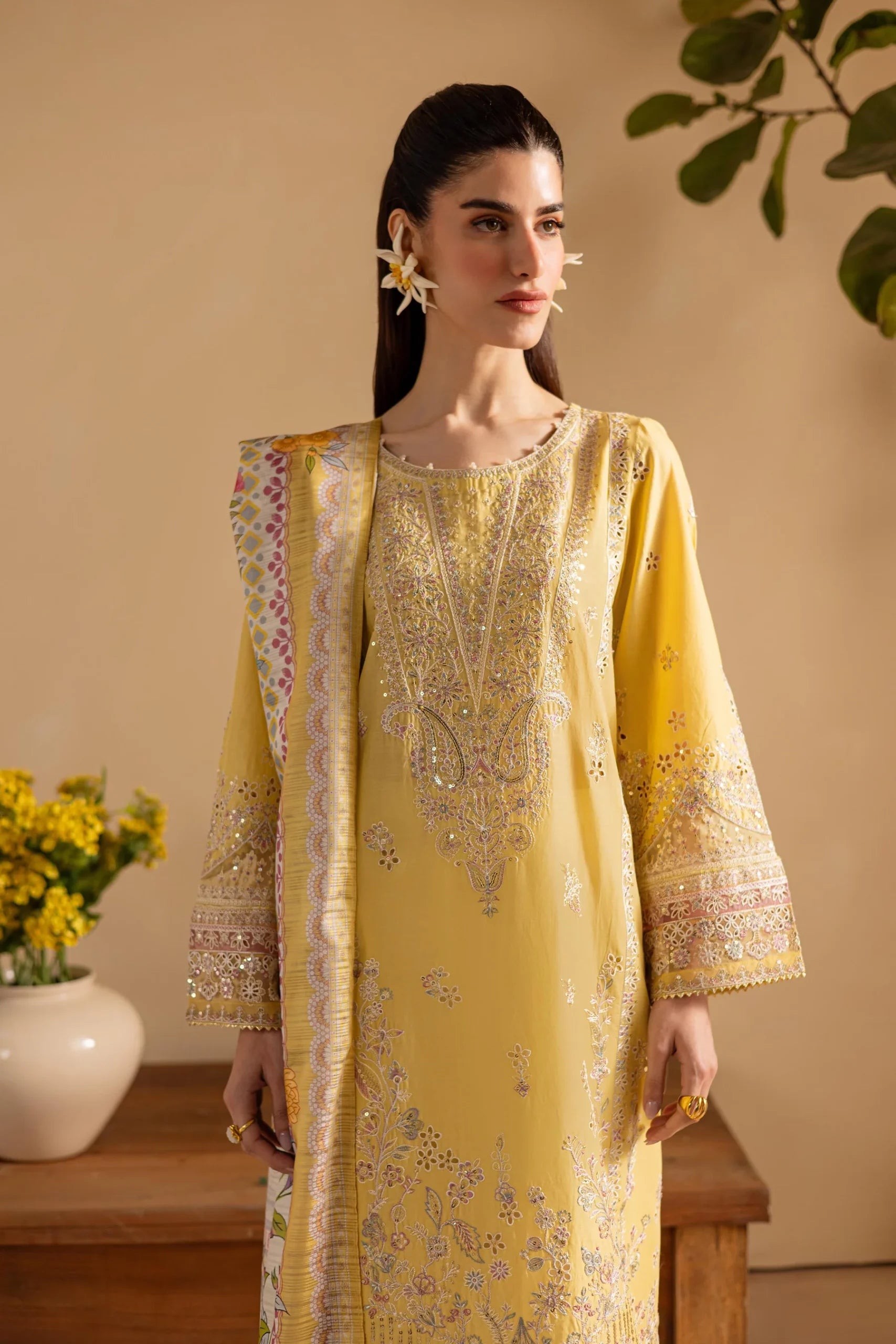 Batik 3Pc Embroidered Lawn Suit Lime Yellow gulbuy.com