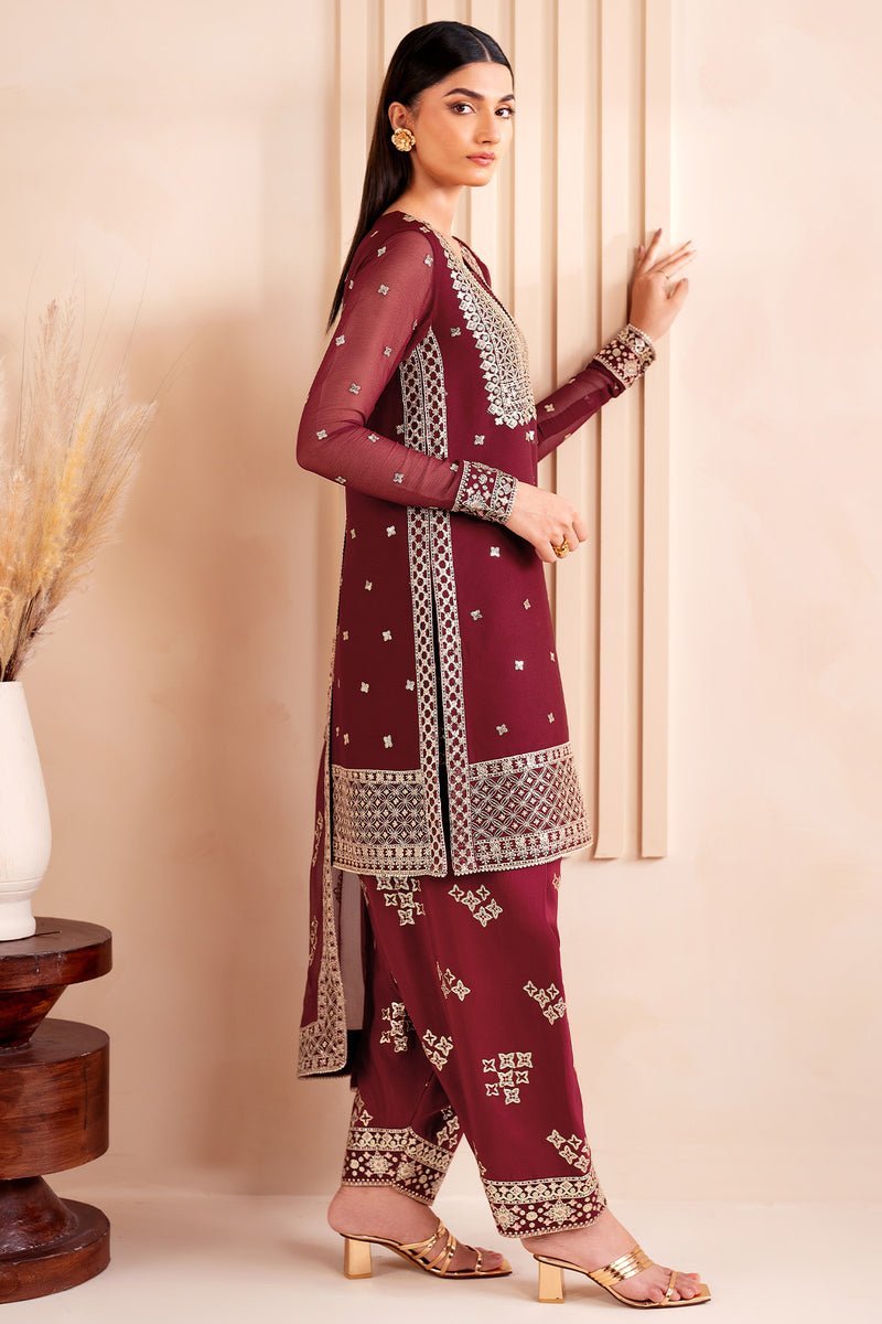 Farasha 3Pc Embroidered Chiffon Suit Carmine gulbuy.com