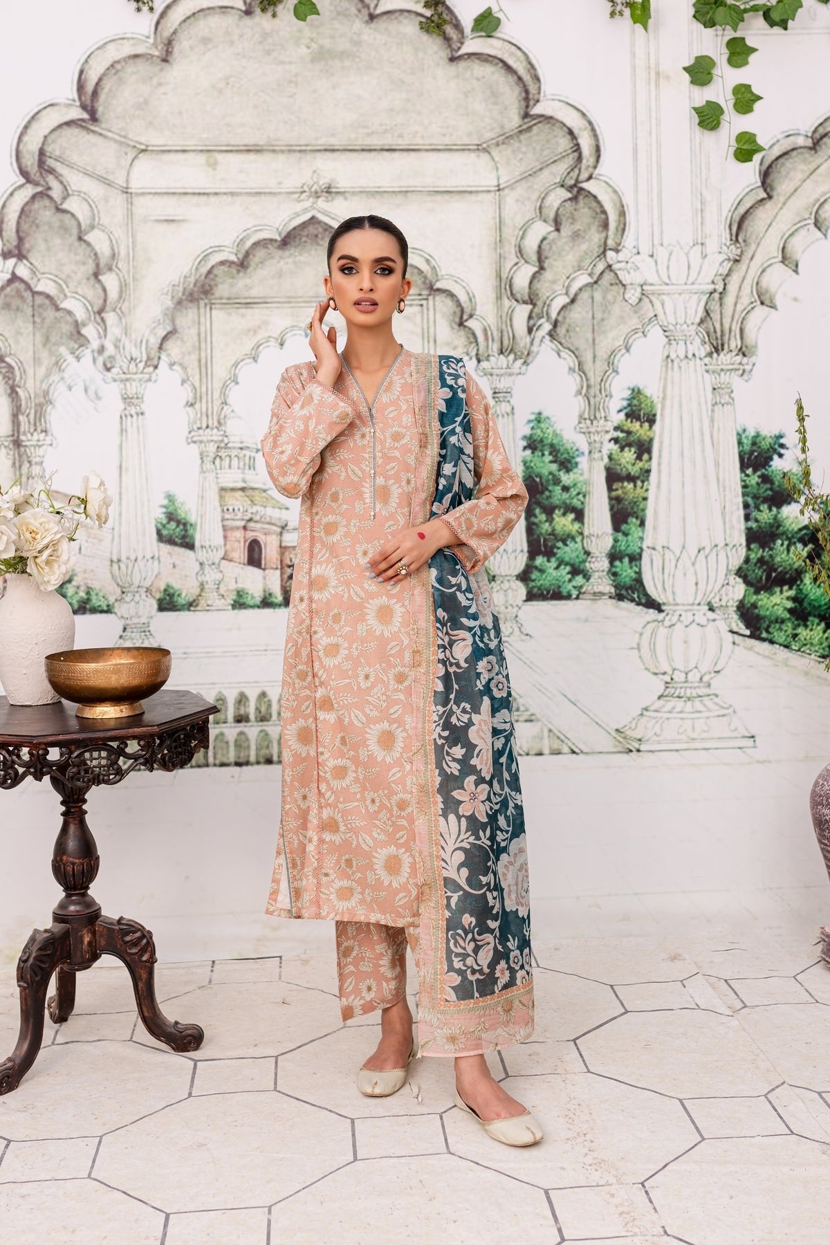 Batik 3Pc Printed Lawn Suit (Peach-Pearl-3Pc)