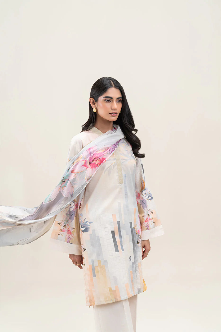 Beechtree 3Pc Printed Lawn Suit CERULEAN GRID gulbuy.com