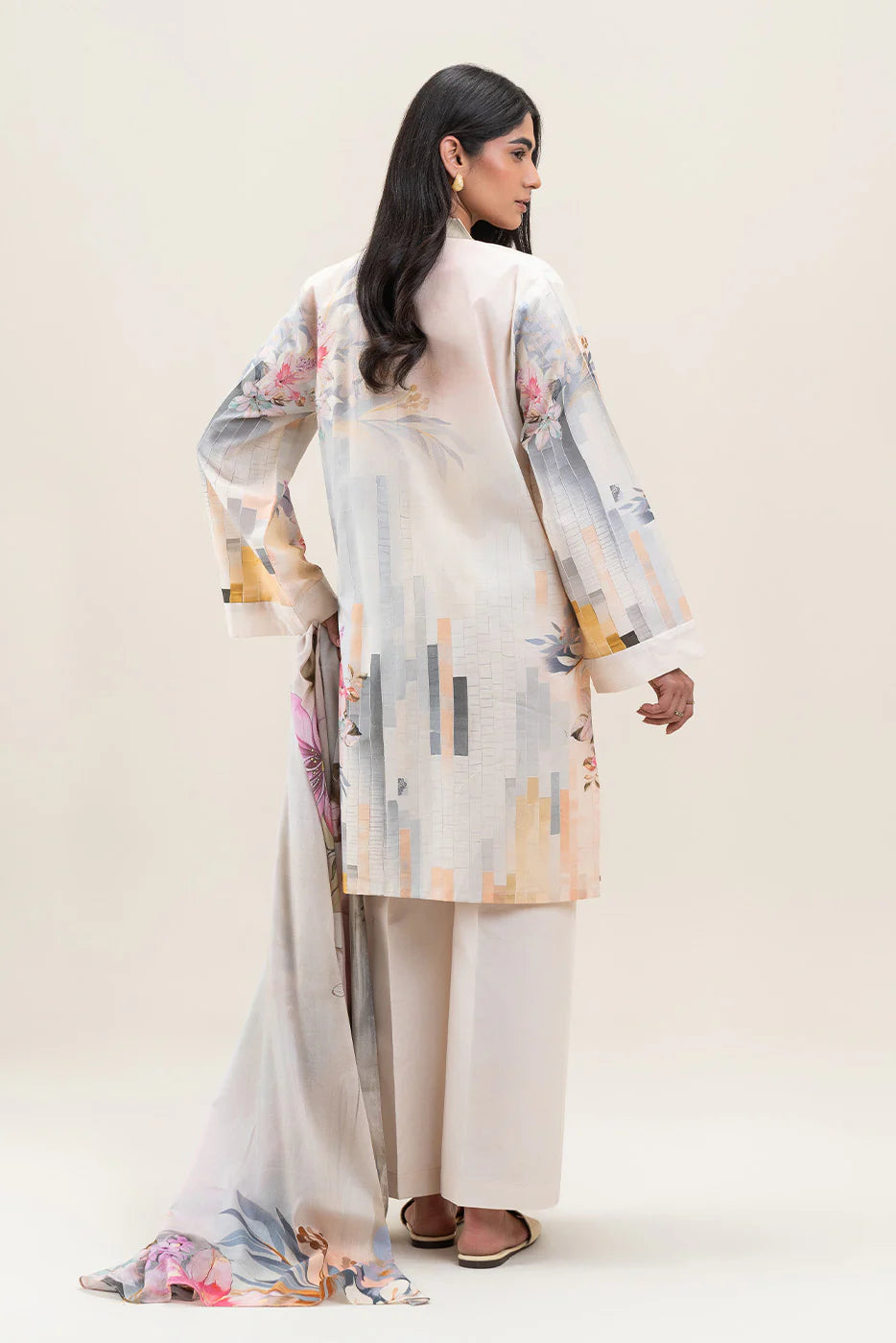Beechtree 3Pc Printed Lawn Suit CERULEAN GRID gulbuy.com