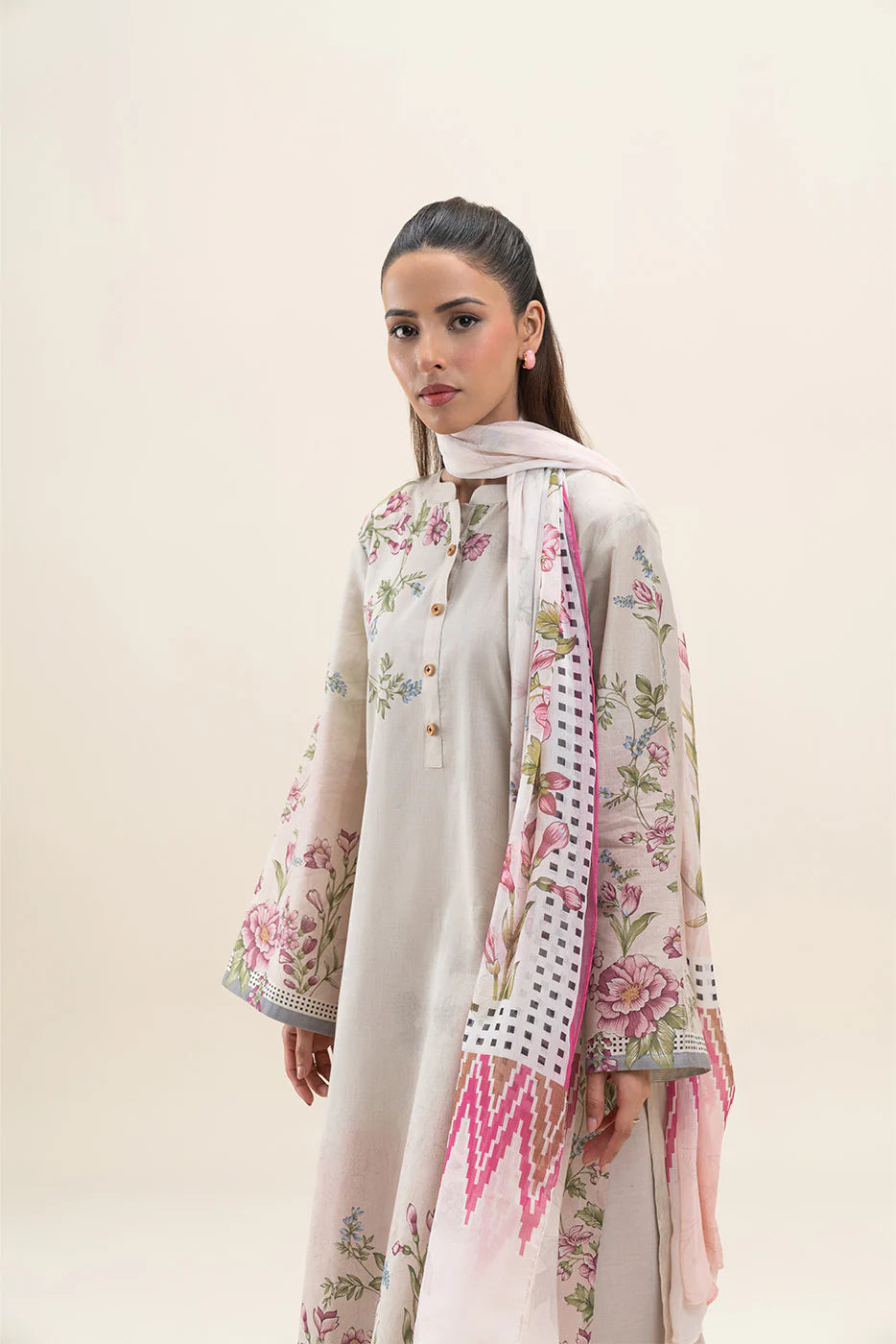 Beechtree 3Pc Printed Lawn Suit SOFT GARDENIA gulbuy.com