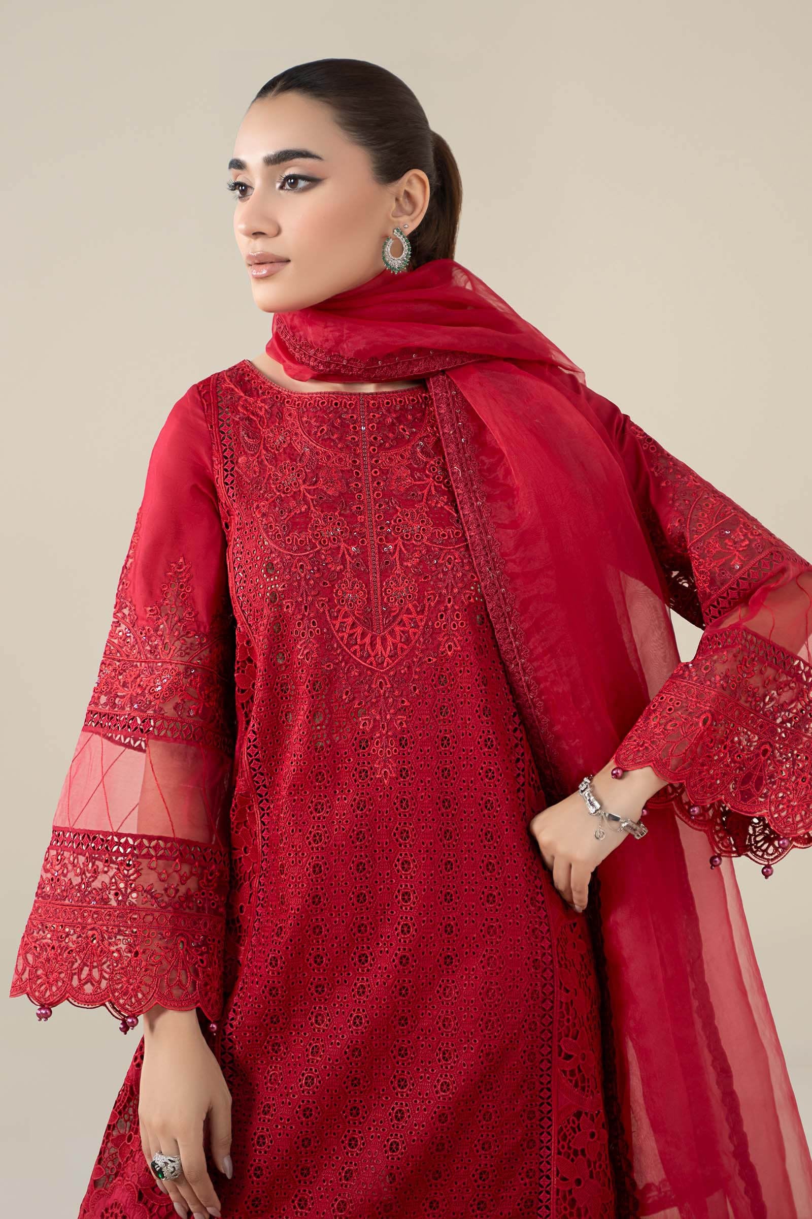 Maria B 3Pc Embroidered Lawn Suit DW-EF25-08-Red gulbuy.com