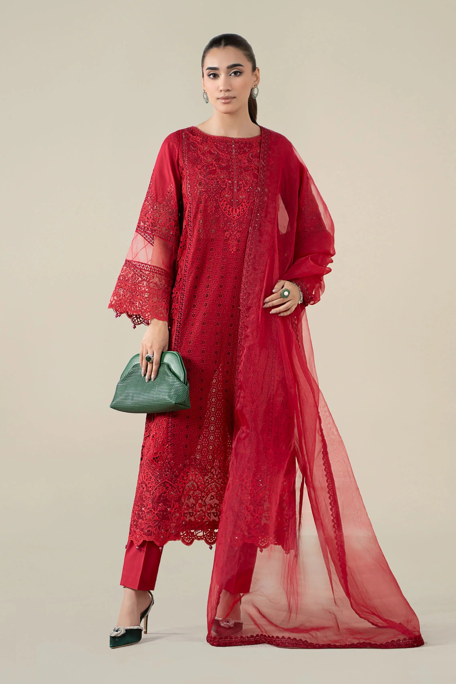 Maria B 3Pc Embroidered Lawn Suit DW-EF25-08-Red XL gulbuy.com