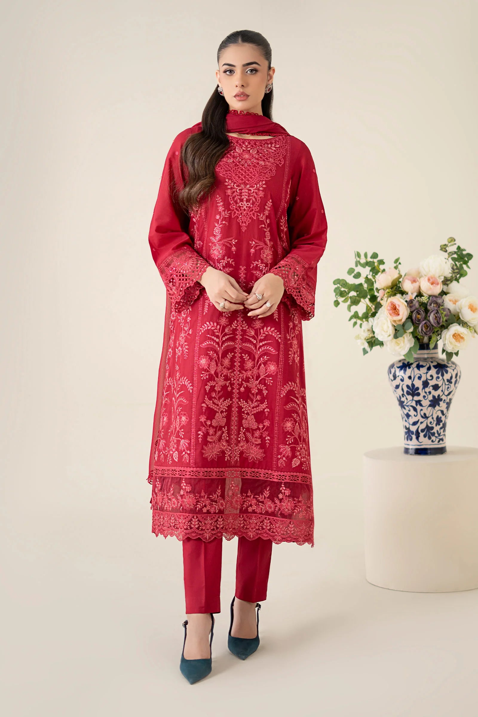 Maria B 3Pc Embroidered Lawn Suit DW-EA25-21-Red XL gulbuy.com