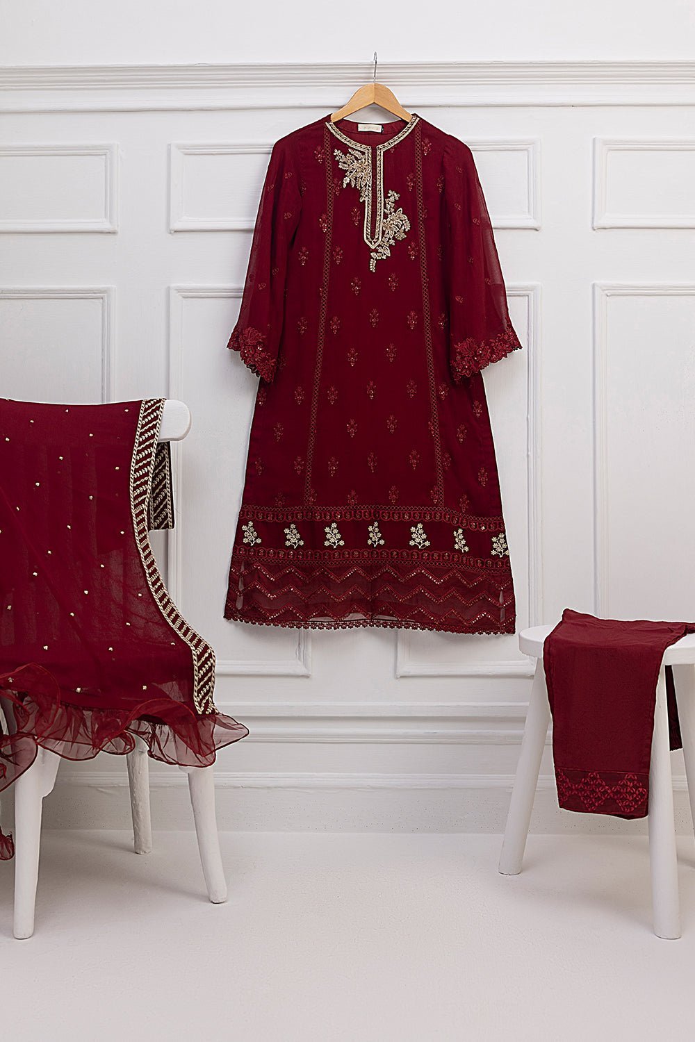 AZURE 3PC EMBROIDERED CHIFFON SUIT (Deep-Claret)
