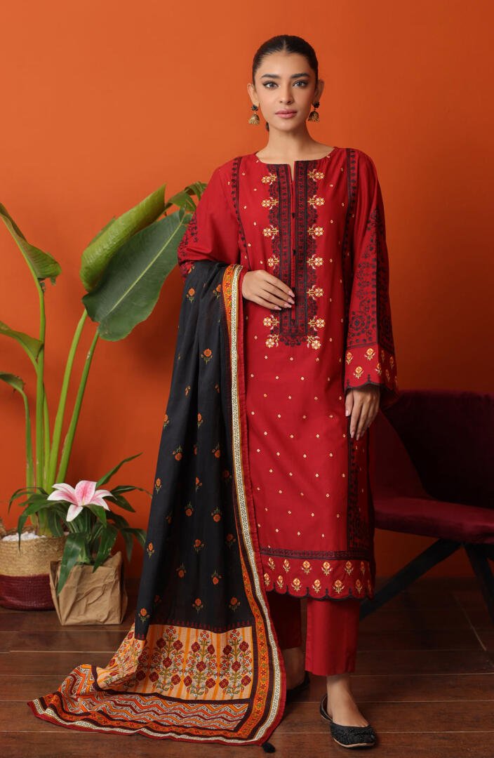 Orient 3 Piece Embroidered Cambric Suit (OTL-23-263/U-MAROON)