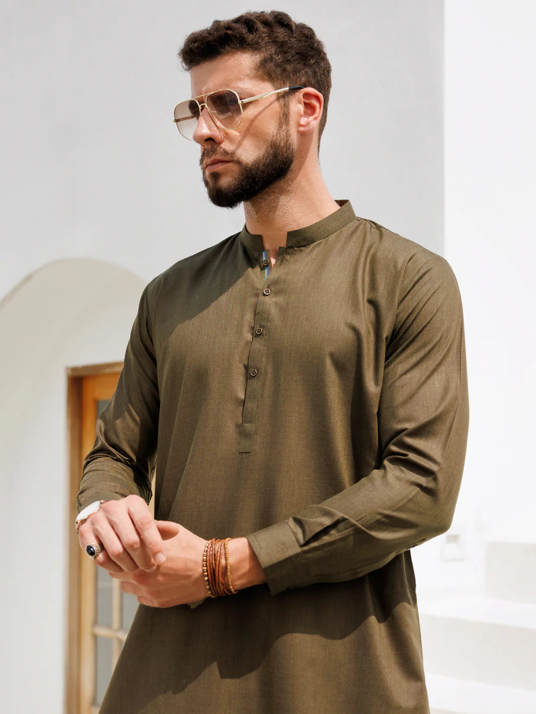 Almirah Olive Blended Kameez Shalwar-AL-KS-3159 gulbuy.com