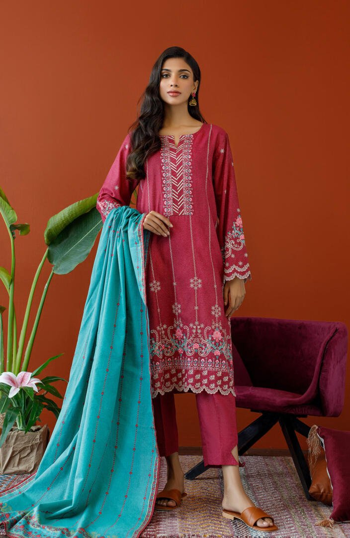 Orient 3 Piece Embroidered Karandi Suit (OTL-23-285/U-MAROON)