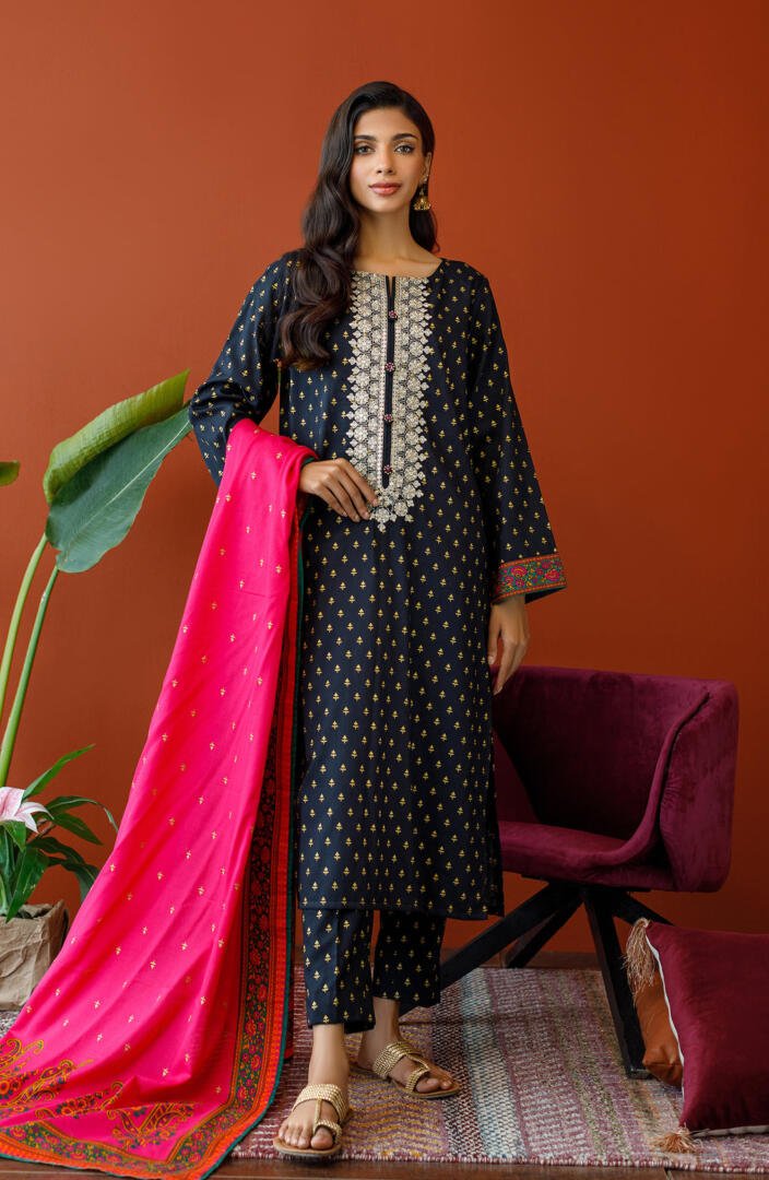 Orient 3 Piece Embroidered Cottel Suit (OTL-23-213/U-BLACK)