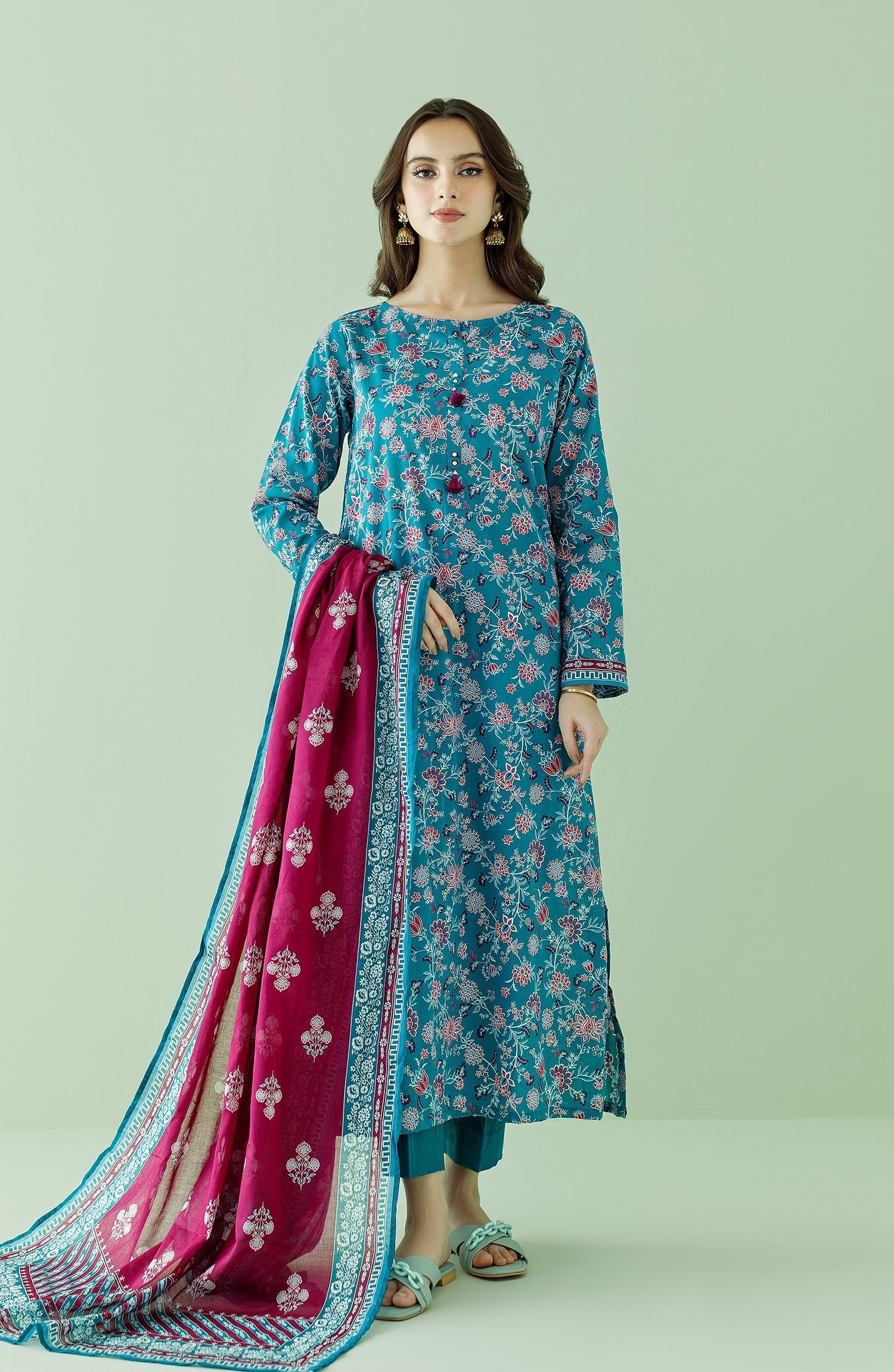 Orient 3 Piece Printed Lawn Suit (OTL-23-358/U-(RO)-TEAL)