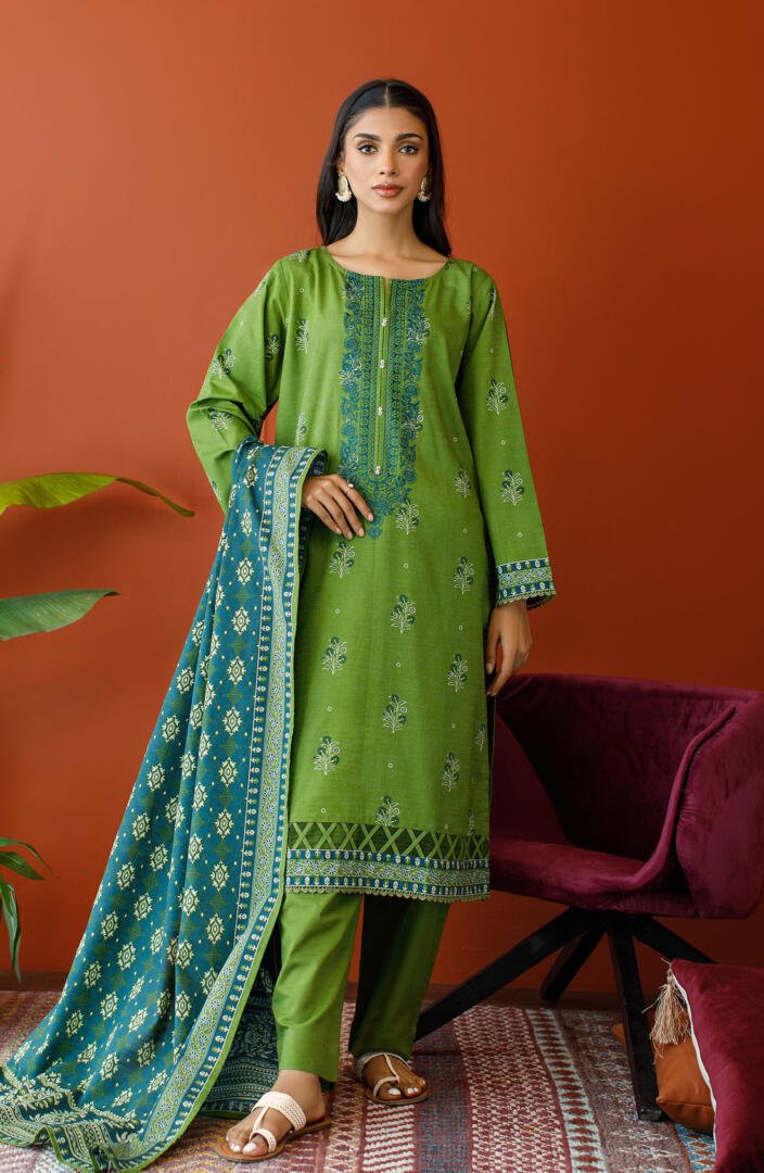 Orient 3 Piece Embroidered Khaddar Suit (OTL-23-245/U L.GREEN)