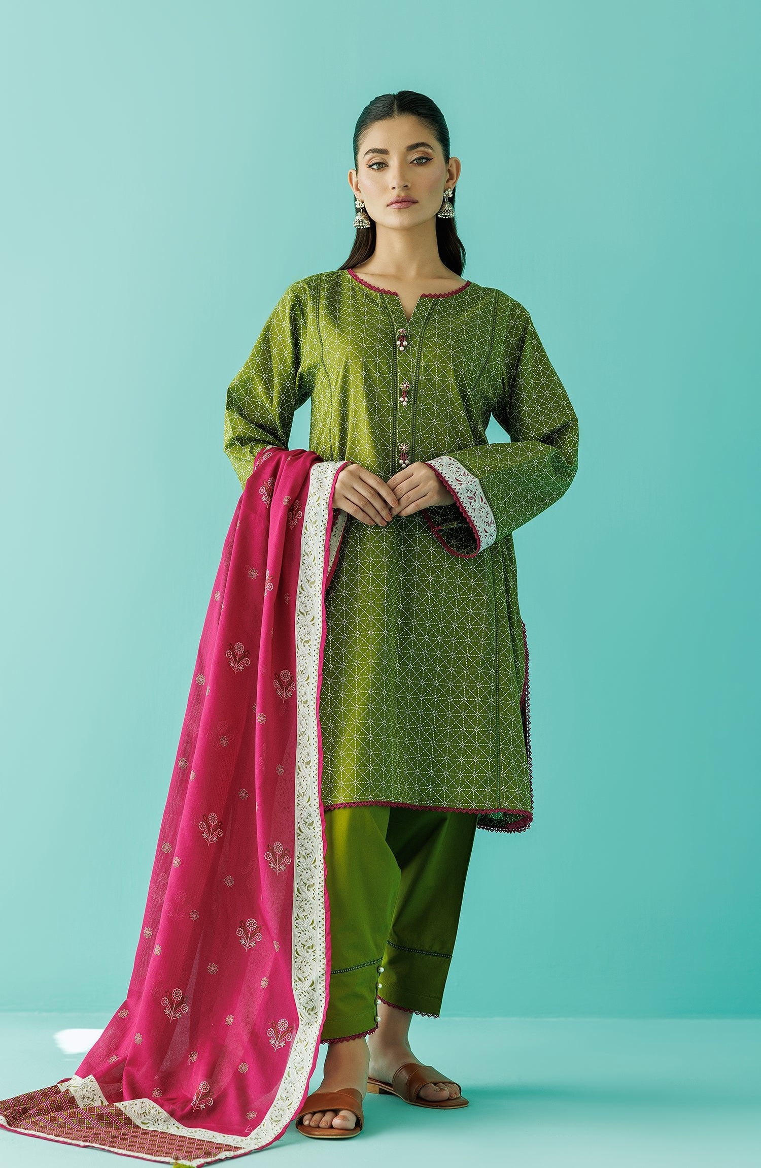 Orient 3 Piece Printed Lawn Suit (OTL-24-086/U-GREEN)