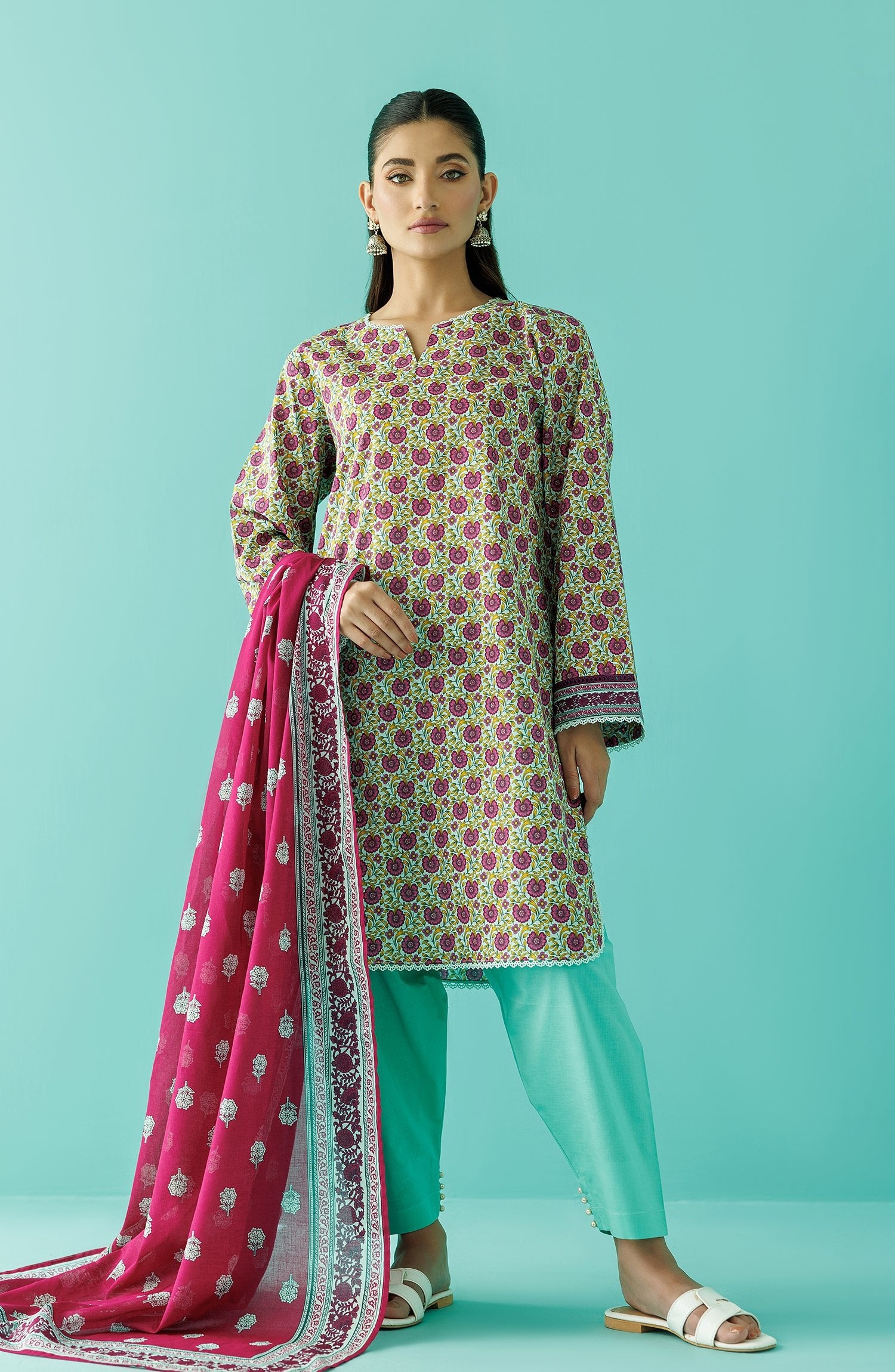 Orient 3 Piece Printed Lawn Suit (OTL-24-066/U-GREEN)