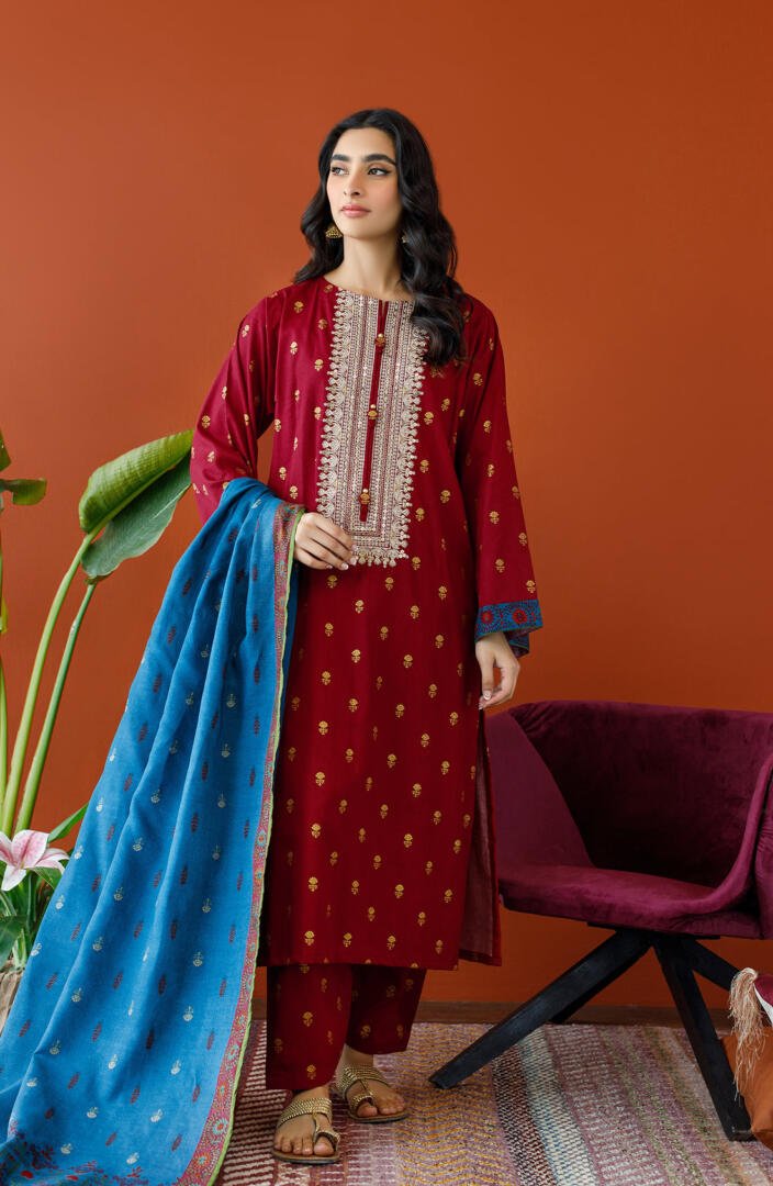 Orient 3 Piece Printed Embroidered Cottel Suit (OTL-23-262/U-MAROON)