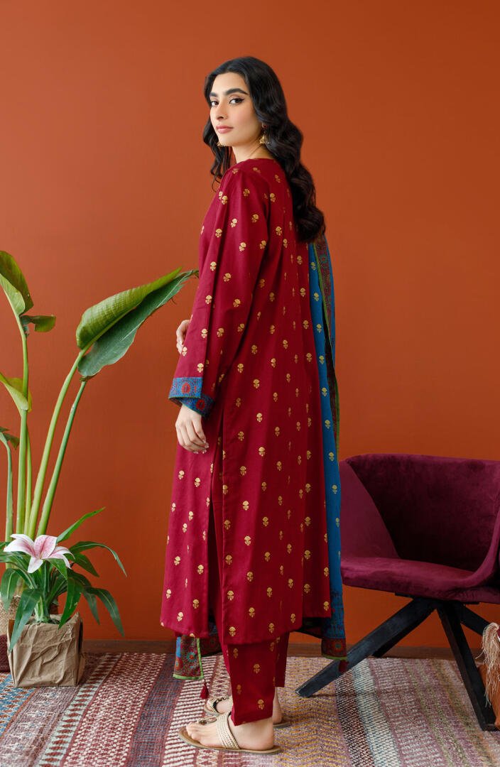 Orient 3 Piece Printed Embroidered Cottel Suit (OTL-23-262/U-MAROON)