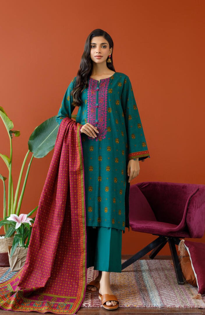 Orient 3 Piece Embroidered Khaddar Suit (OTL-23-265/U-GREEN)