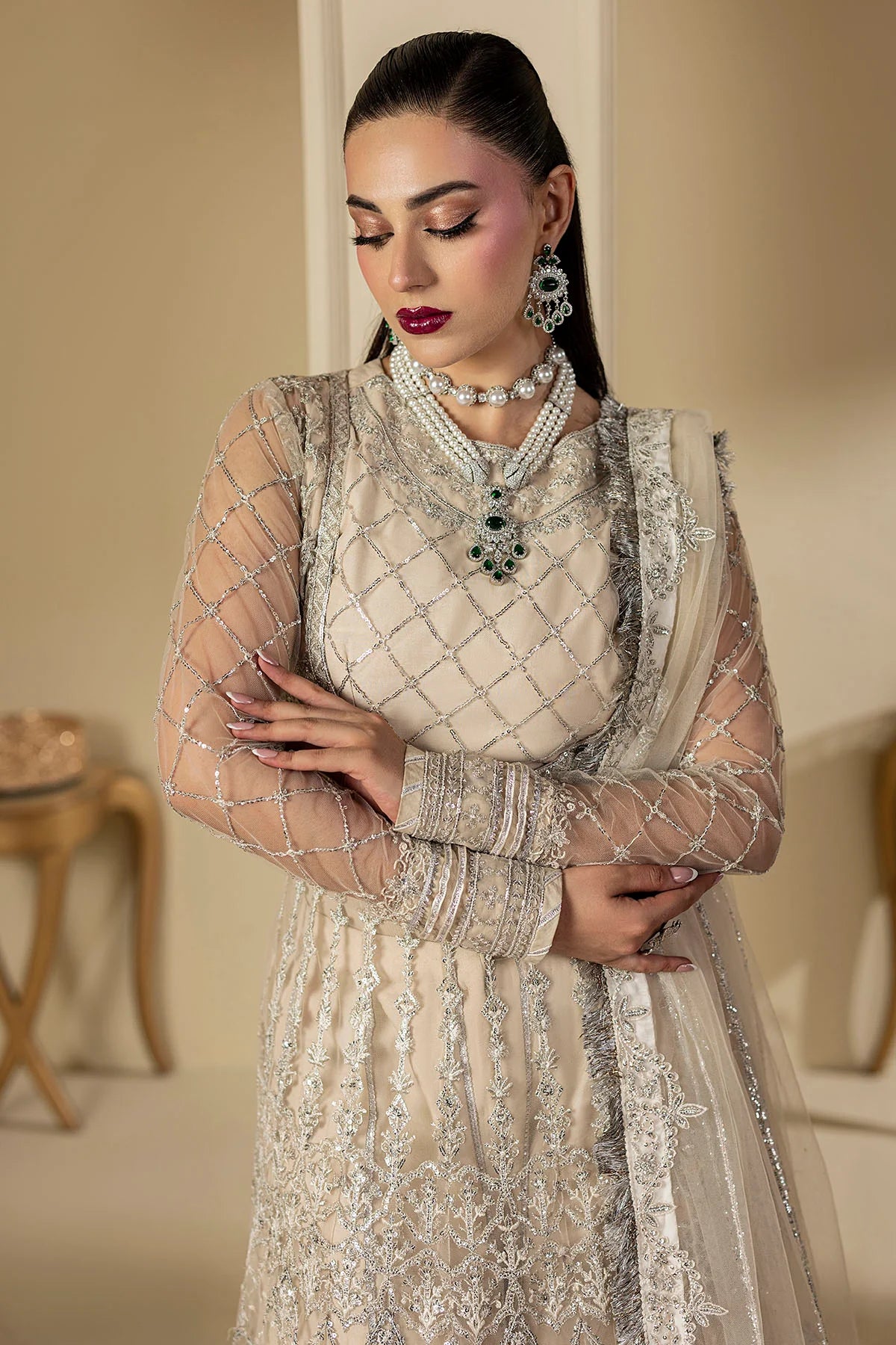 Motifz 3Pc Embroidered Silk Net Suit 5131-DOVE gulbuy.com