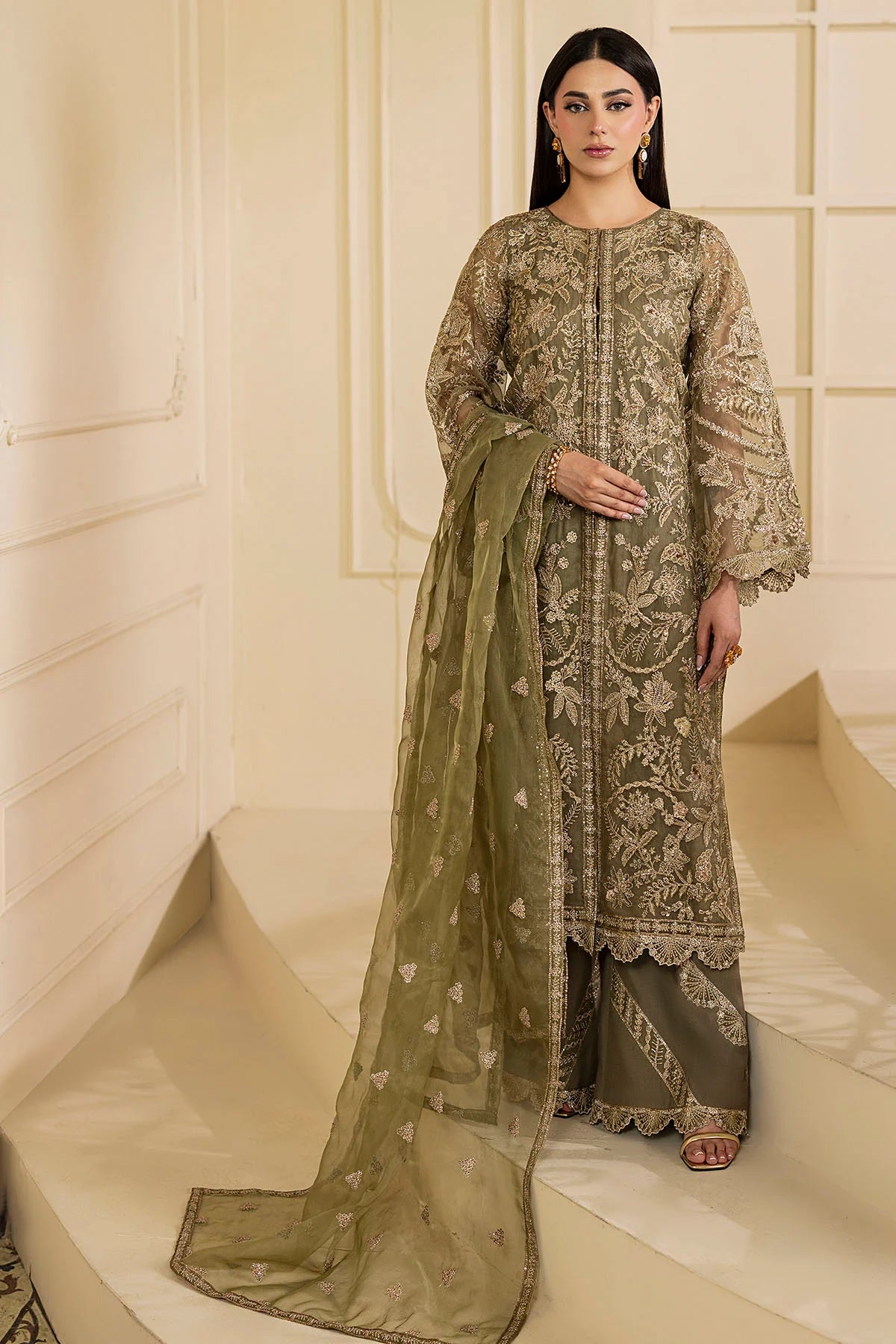 Motifz 3Pc Embroidered Organza Suit 5137-GREEN XL gulbuy.com