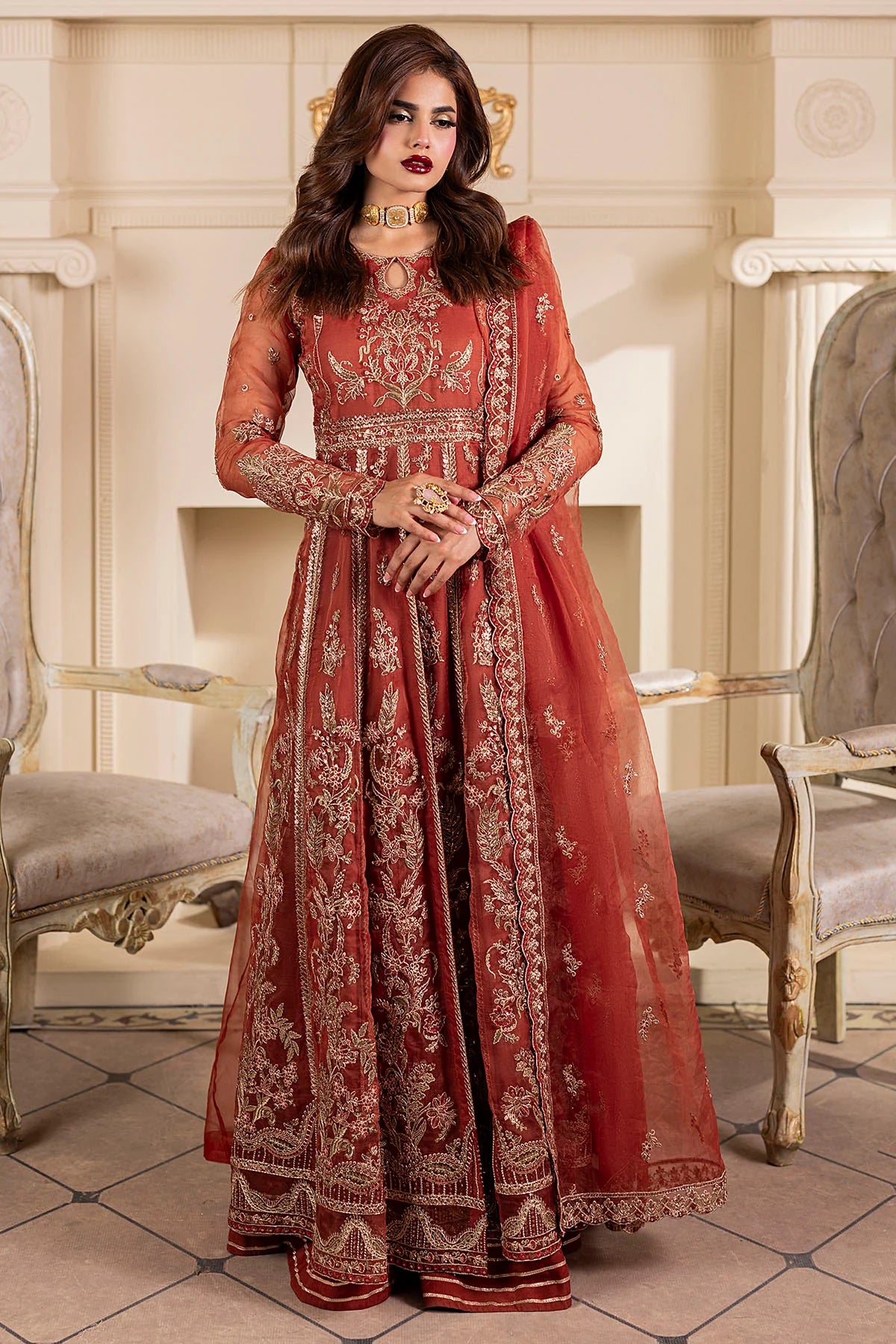 Motifz 3Pc Embroidered Organza Suit 5139-BRANDY XL gulbuy.com