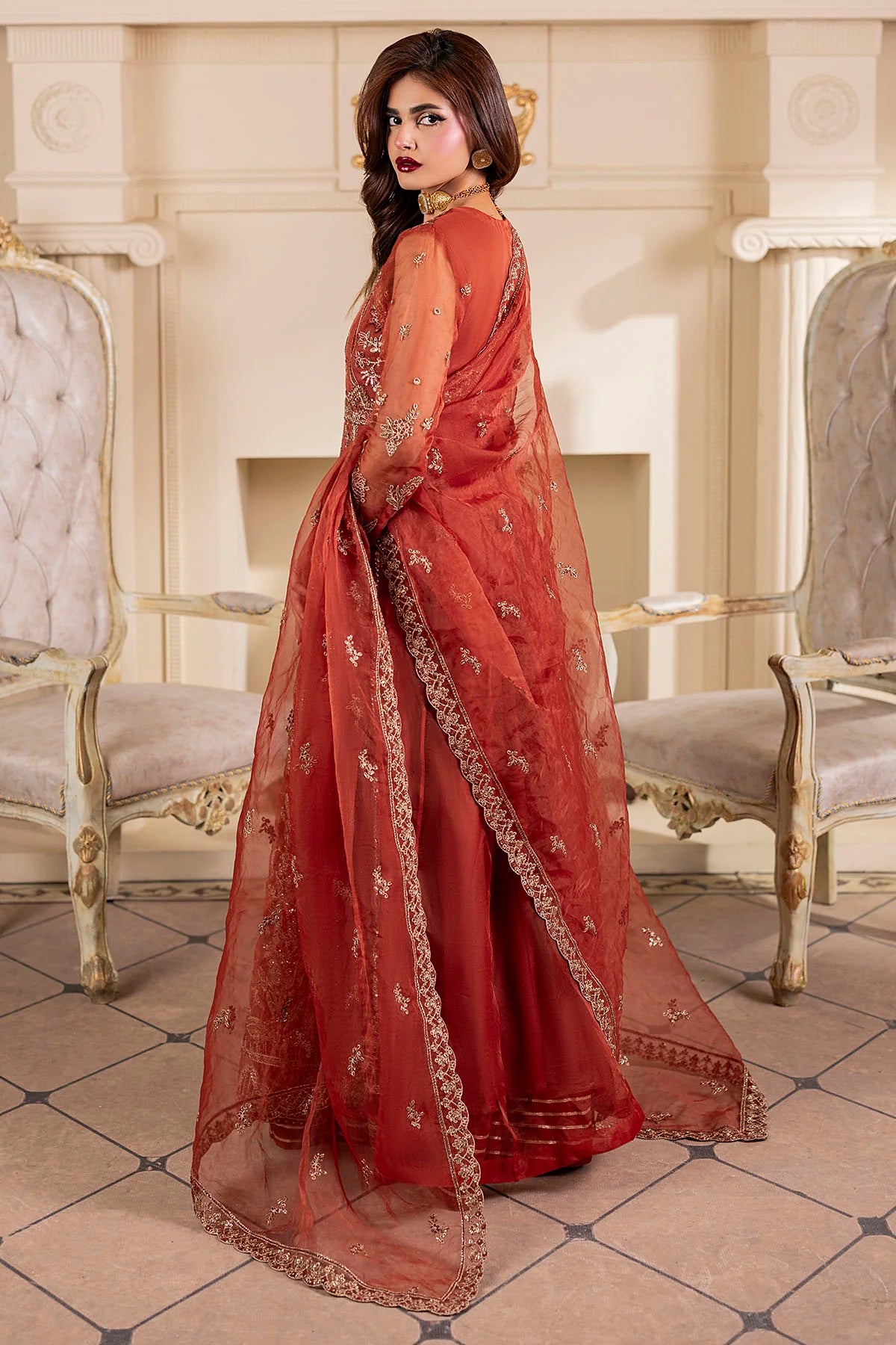 Motifz 3Pc Embroidered Organza Suit 5139-BRANDY gulbuy.com