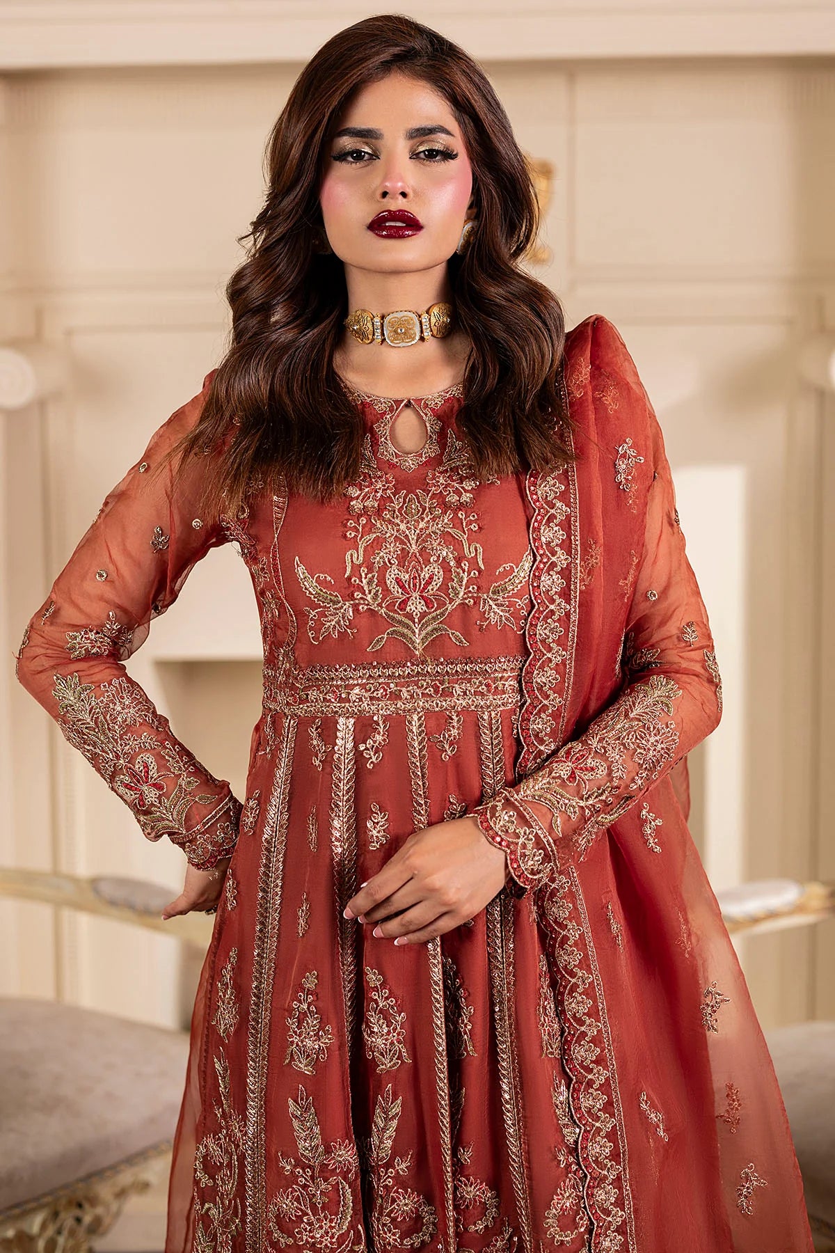 Motifz 3Pc Embroidered Organza Suit 5139-BRANDY gulbuy.com