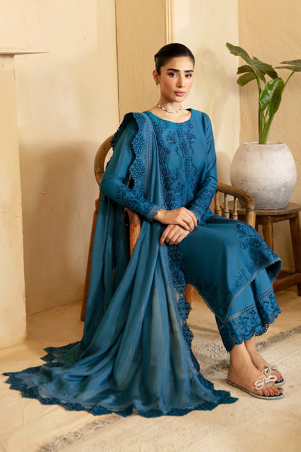 AZURE 3PC EMBROIDERED COTTON SUIT (Marine-Whisper)