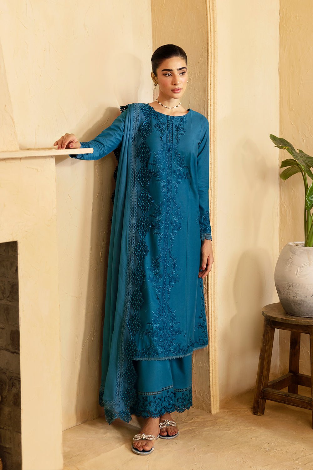 AZURE 3PC EMBROIDERED COTTON SUIT (Marine-Whisper)