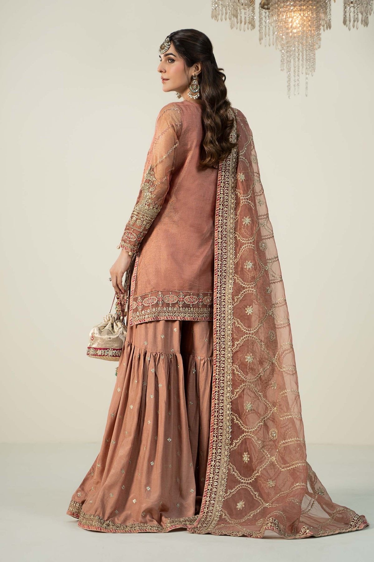 Maria B 3Pc Embroidered Zari Net Suit (SF-W24-24-Peach)