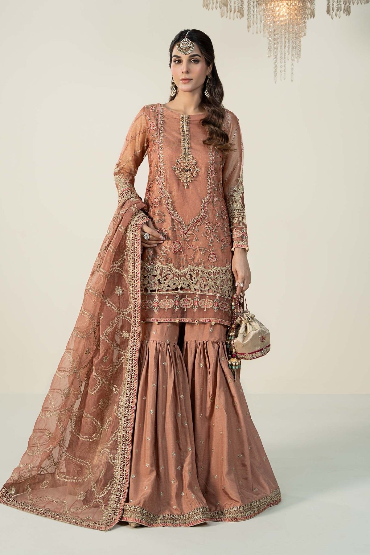 Maria B 3Pc Embroidered Zari Net Suit (SF-W24-24-Peach)