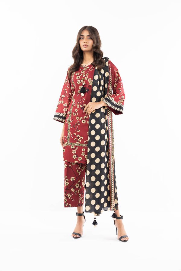 Alkaramstudio 3Pc Printed Lawn Suit (SS-44-24-Red)