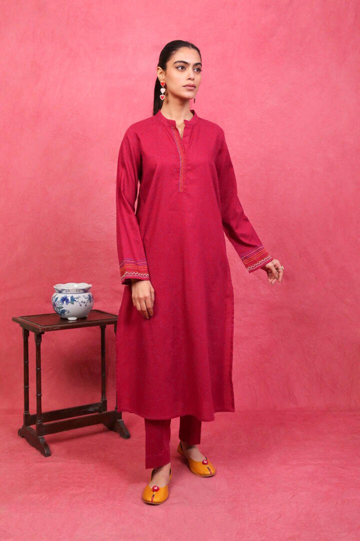 GENERATION 2PC EMBROIDERED KHADDAR SUIT (W23C1638-Red)