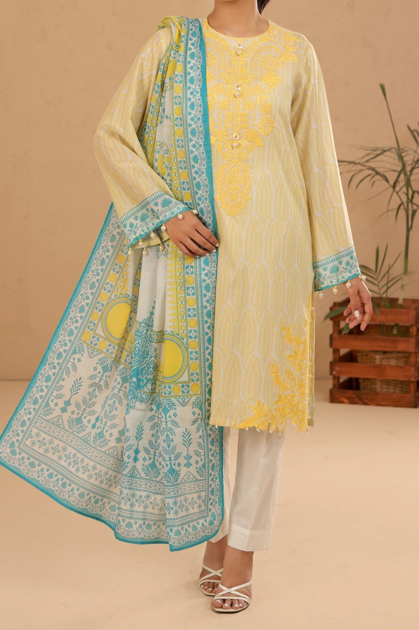 Diners 3Pc Printed Lawn Suit (WU31466-WHITE)