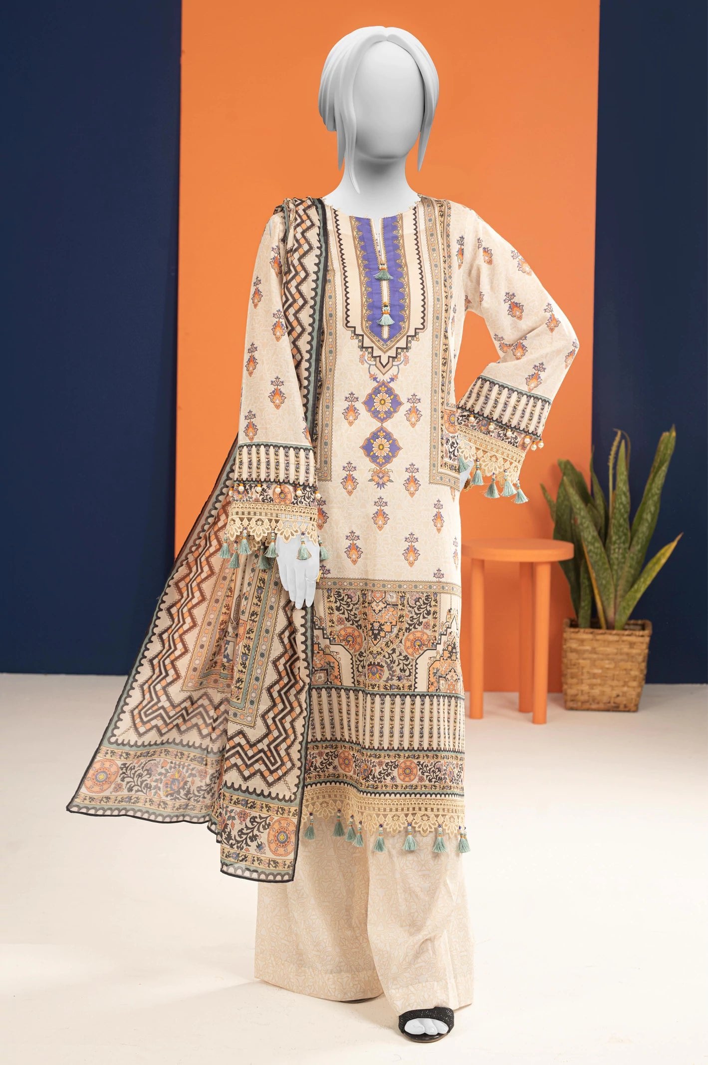 Diners 3Pc Printed Lawn Suit (WU31480-OFFWHITE)