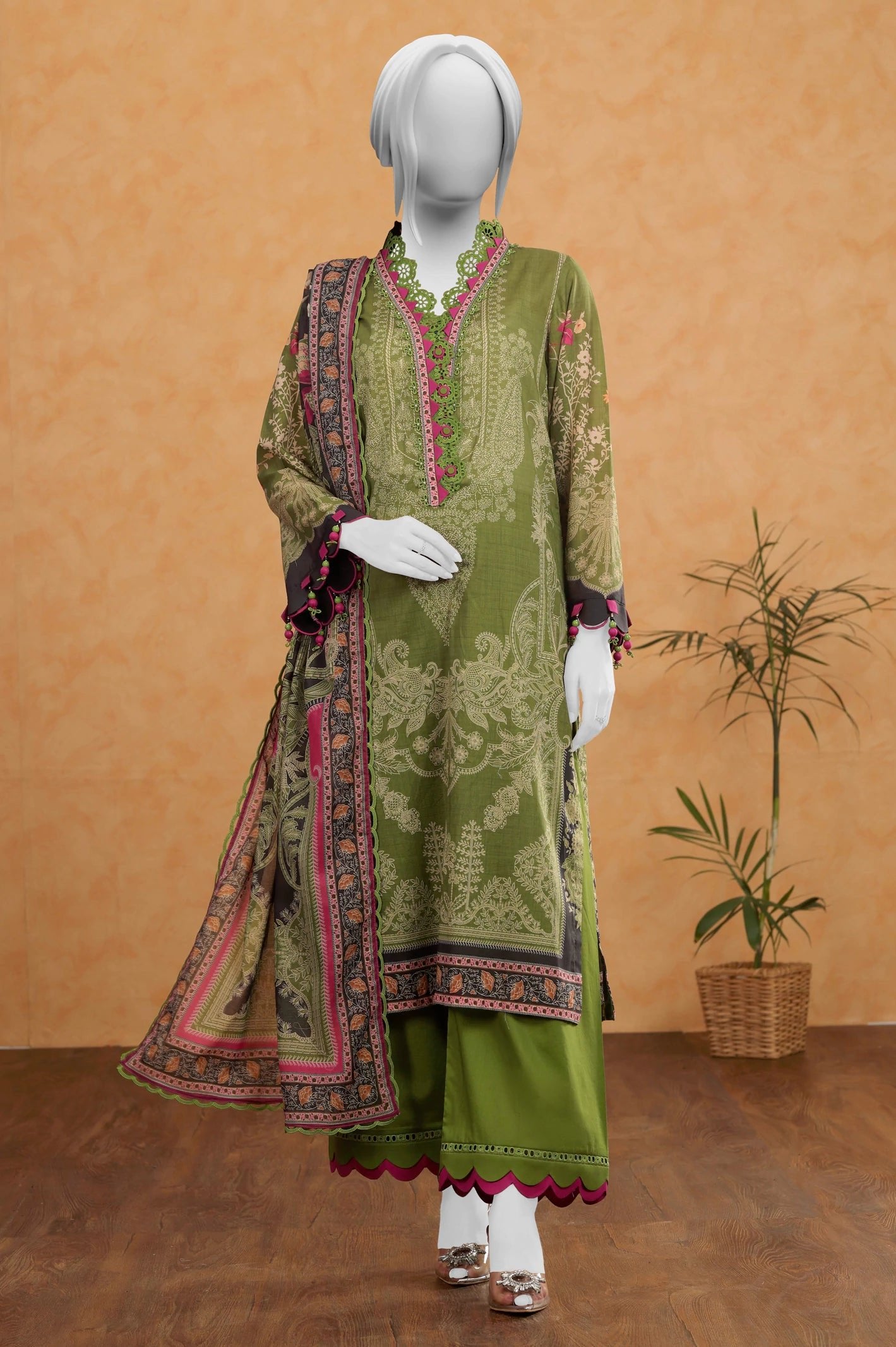 Diners 3Pc Printed Lawn Suit (WU31502-GREEN)
