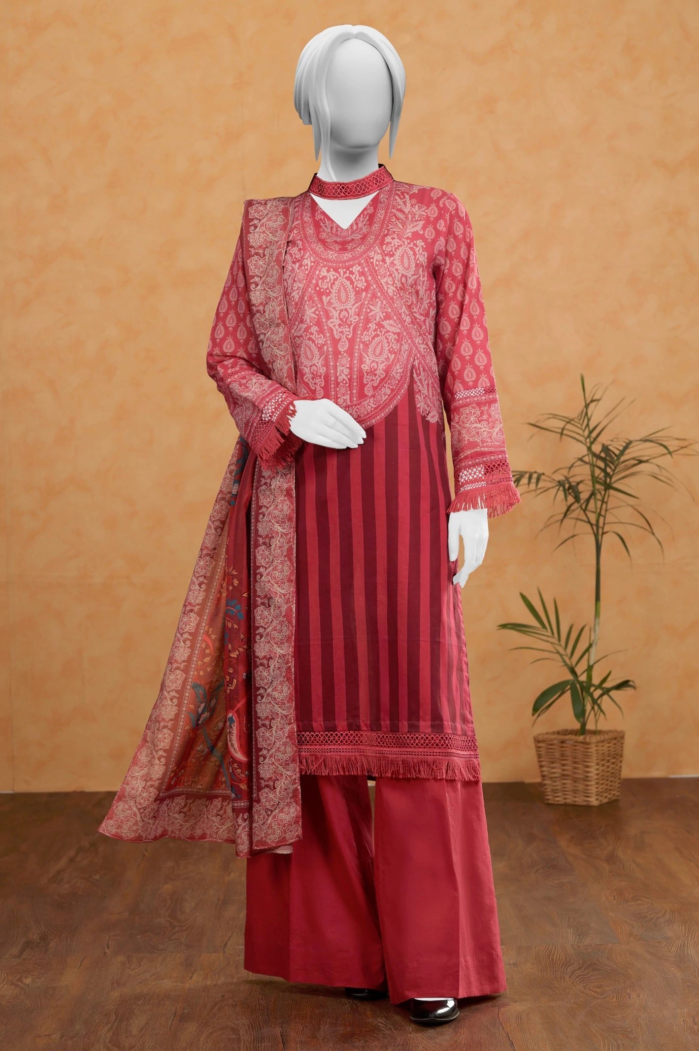 Diners 3Pc Printed Lawn Suit (WU31514-RED)