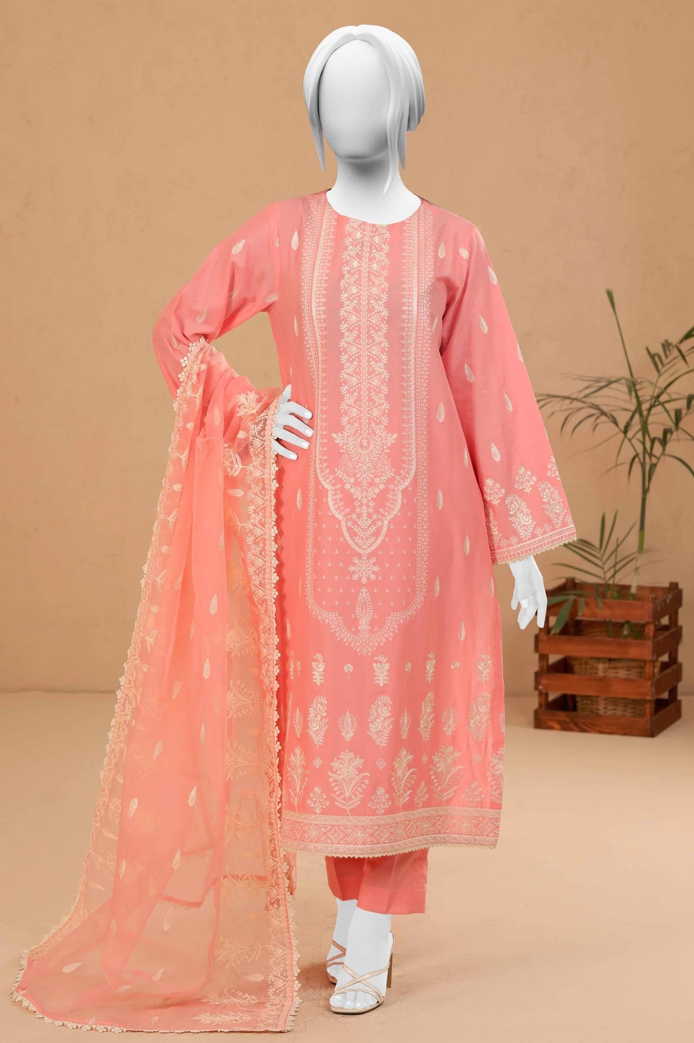 Diners 3Pc Embroidered Cambric Suit (WU31523-PEACH)