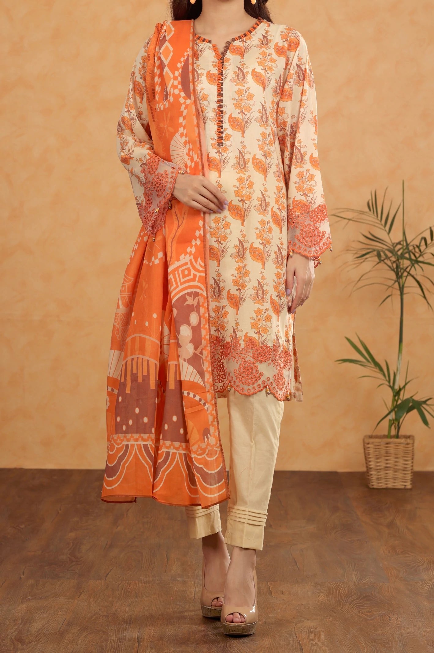Diners 3Pc Printed Lawn Suit (WU31524-ORANGE)