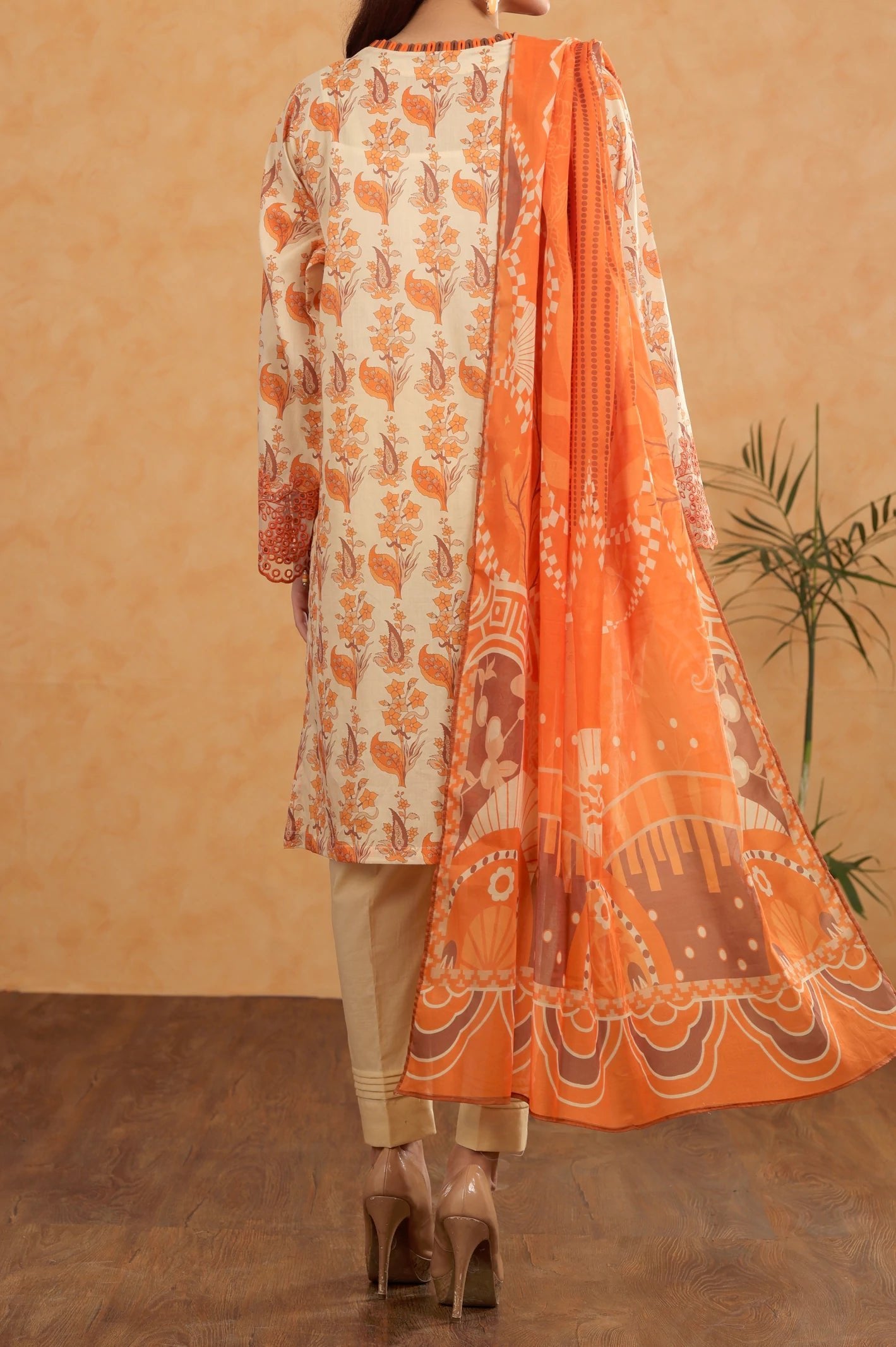 Diners 3Pc Printed Lawn Suit (WU31524-ORANGE)