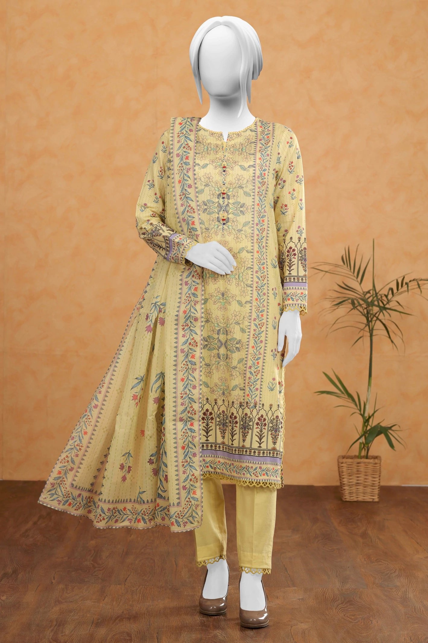 Diners 3Pc Printed Lawn Suit (WU31527-YELLOW)